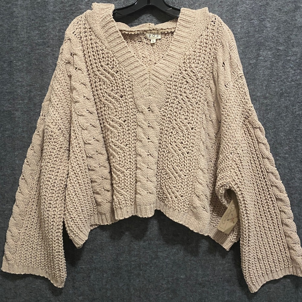 POL Hooded Sweater Women Large Tan Chenille Cable Knit Oversized Boxy Cropped